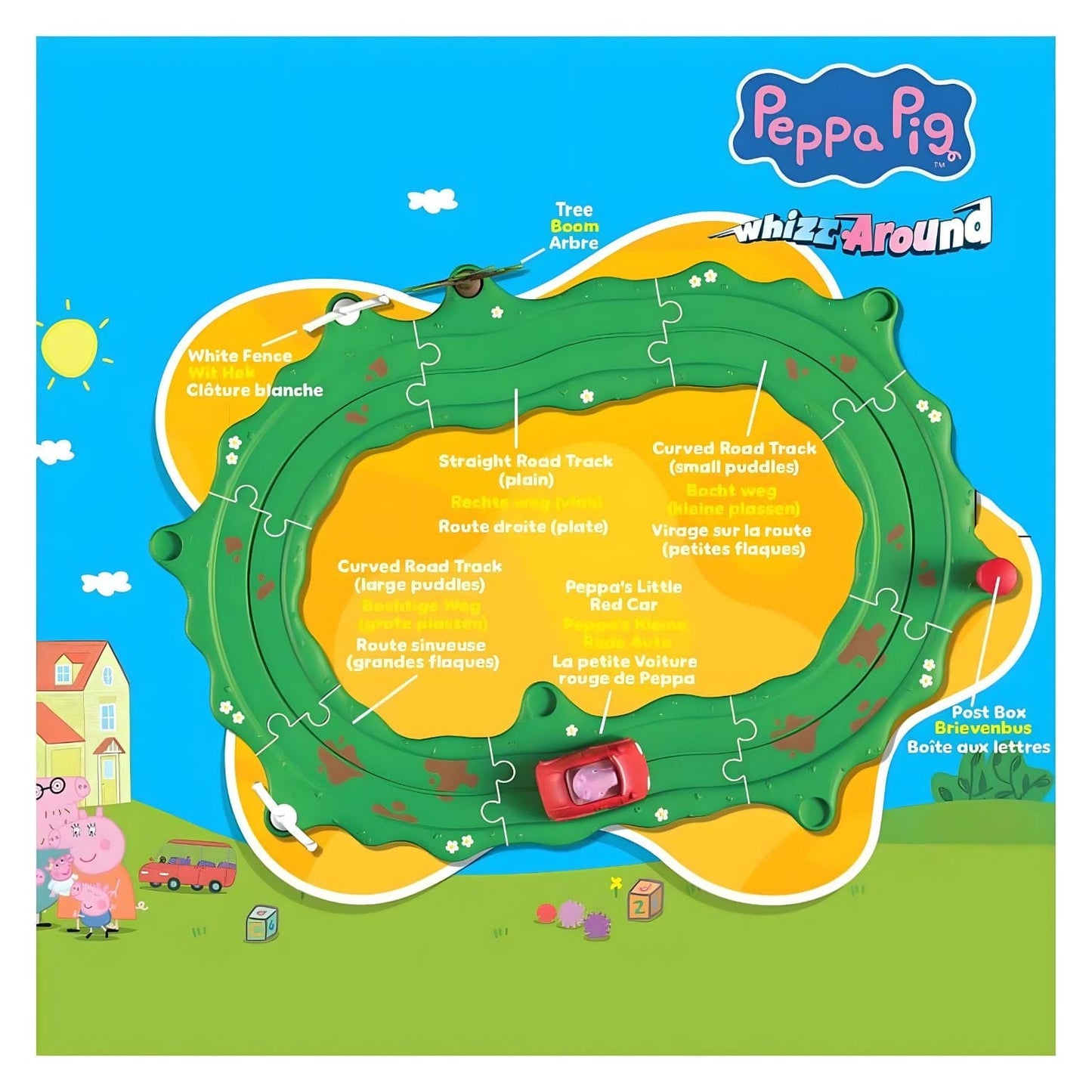 Circuito com Carro Vermelho da Peppa Pig com pista verde e carrinho vermelho