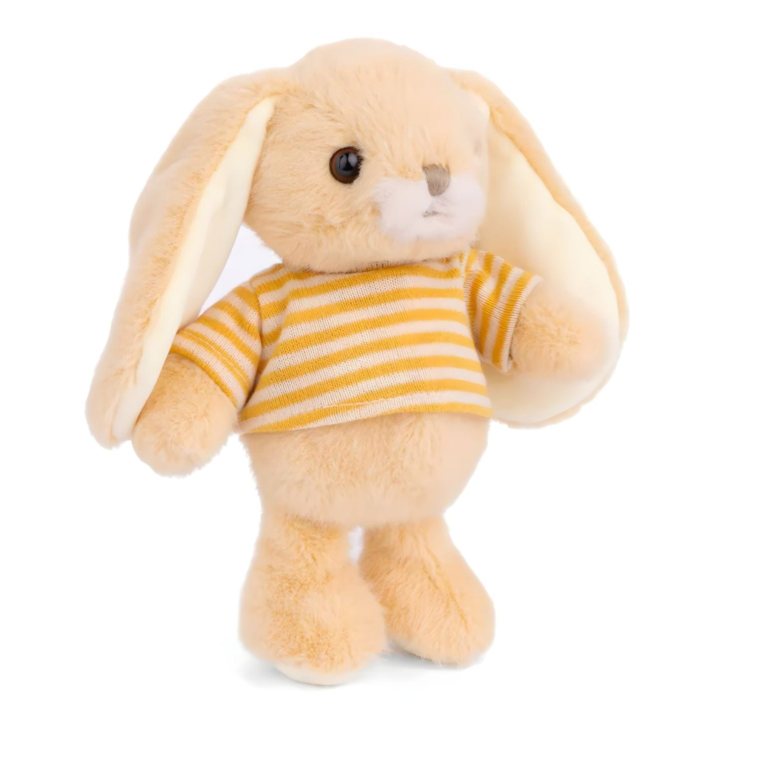 Coelho de peluche amarelo com t-shirt às riscas brancas e amarelas