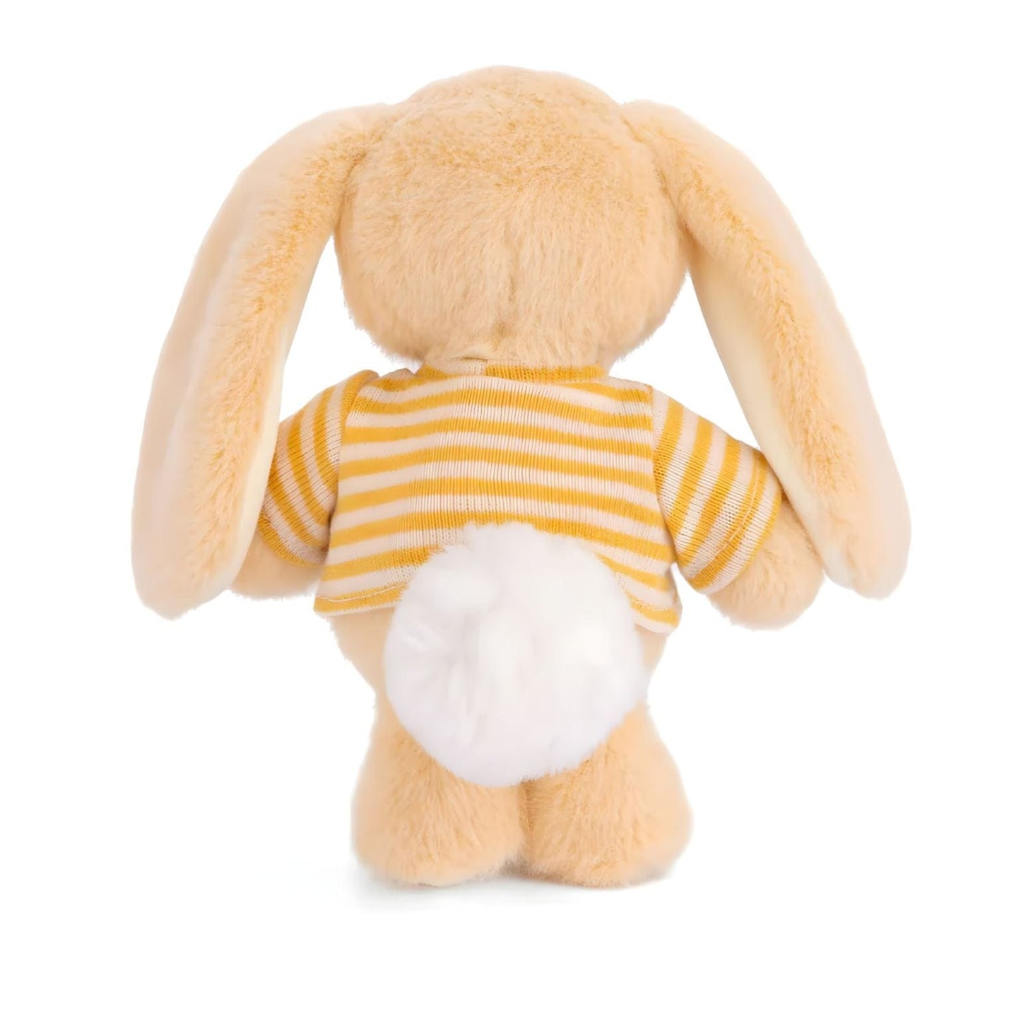 Coelho de peluche amarelo com t-shirt às riscas brancas e amarelas
