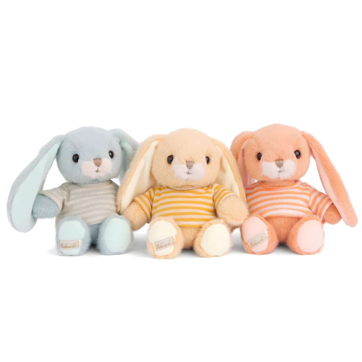 Coelho de peluche amarelo com t-shirt às riscas brancas e amarelas