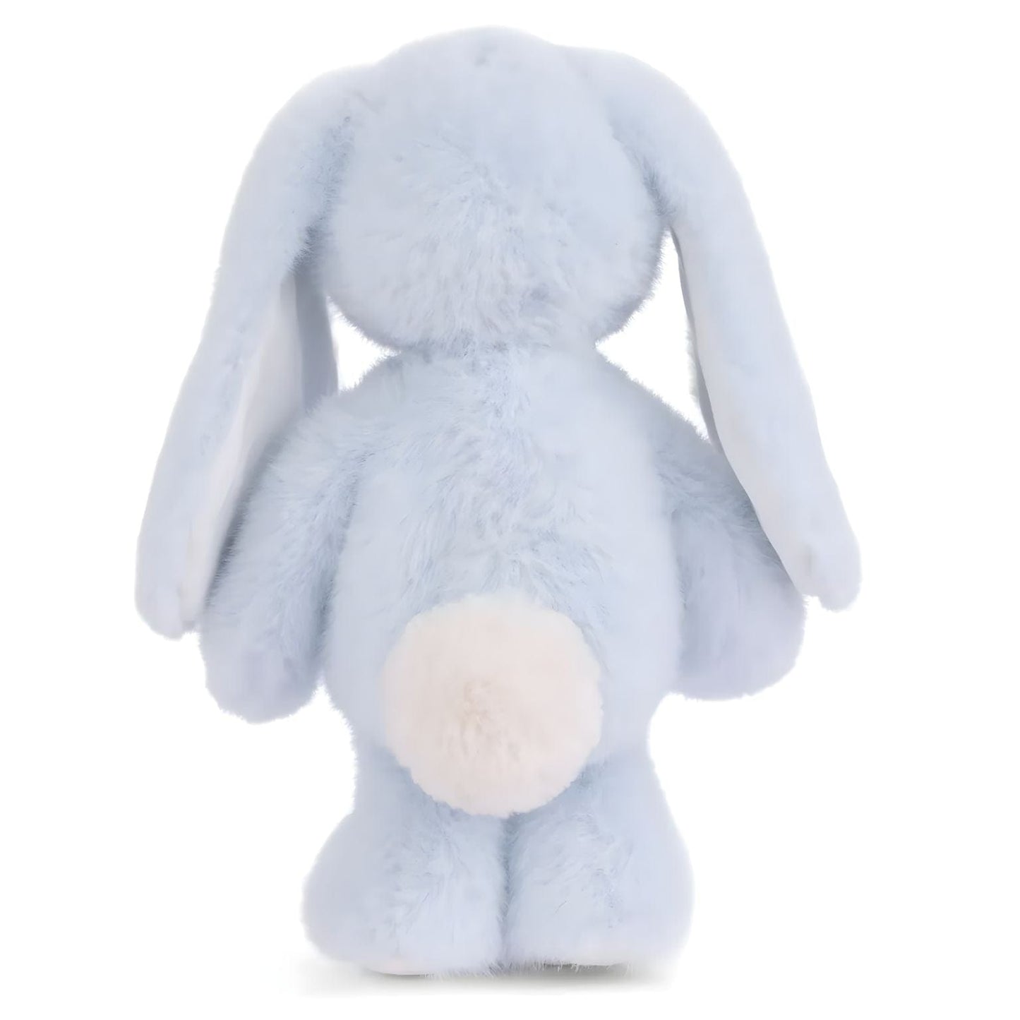 Coelho de peluche azul celestial com orelhas compridas, focinho creme e patas brancas