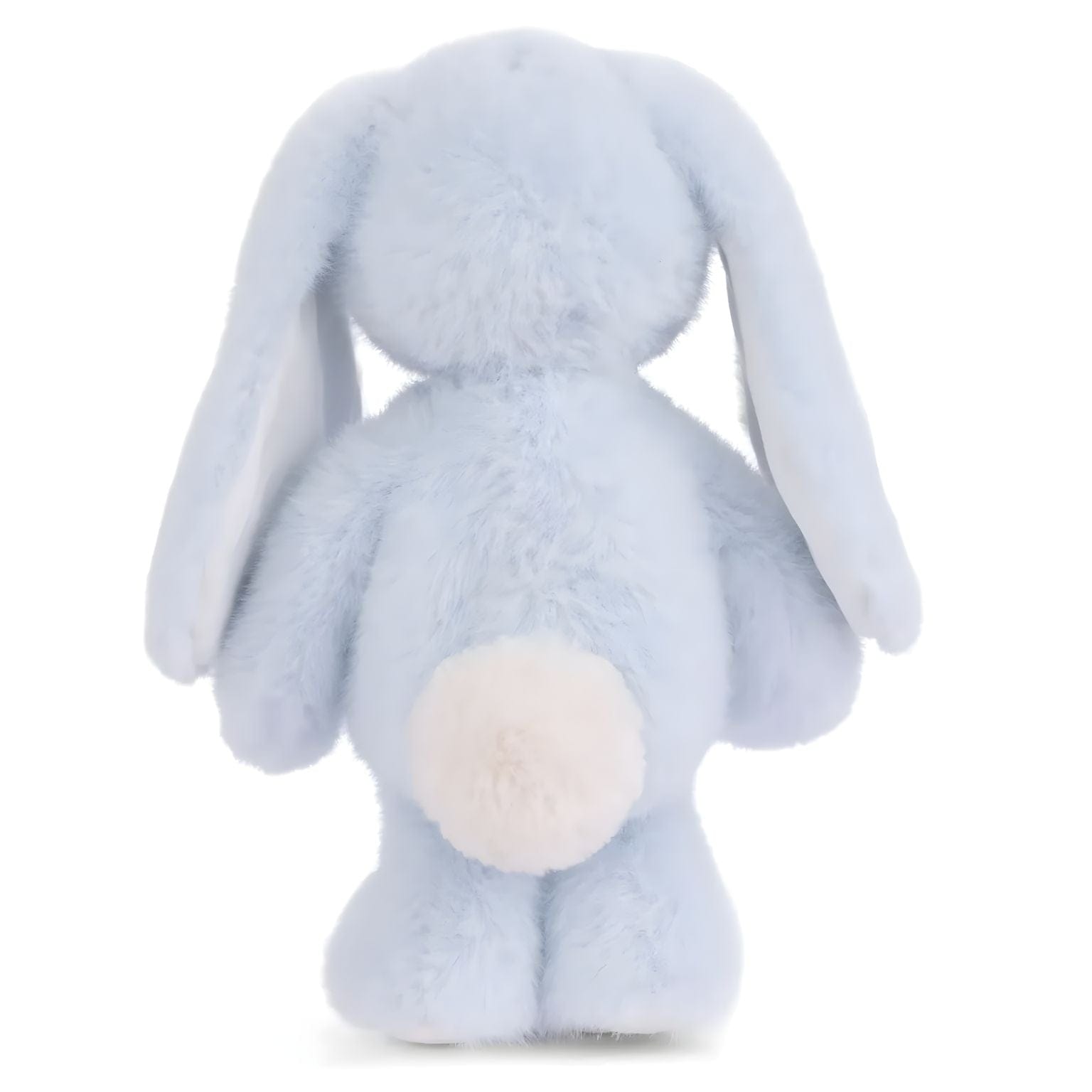 Coelho de peluche azul celestial com orelhas compridas, focinho creme e patas brancas