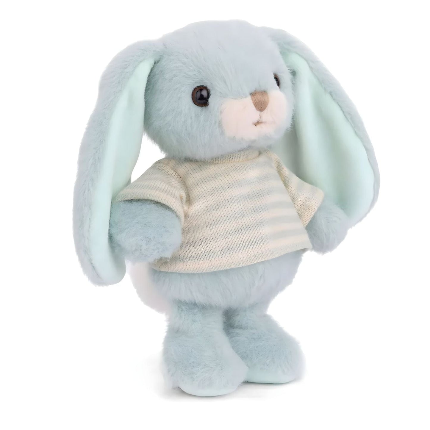 Coelho de peluche azul com t-shirt às riscas brancas e azul