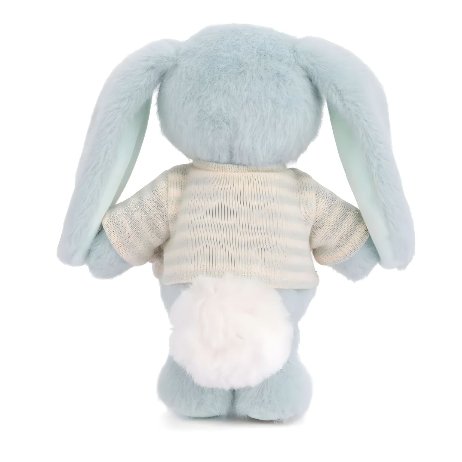 Coelho de peluche azul com t-shirt às riscas brancas e azul