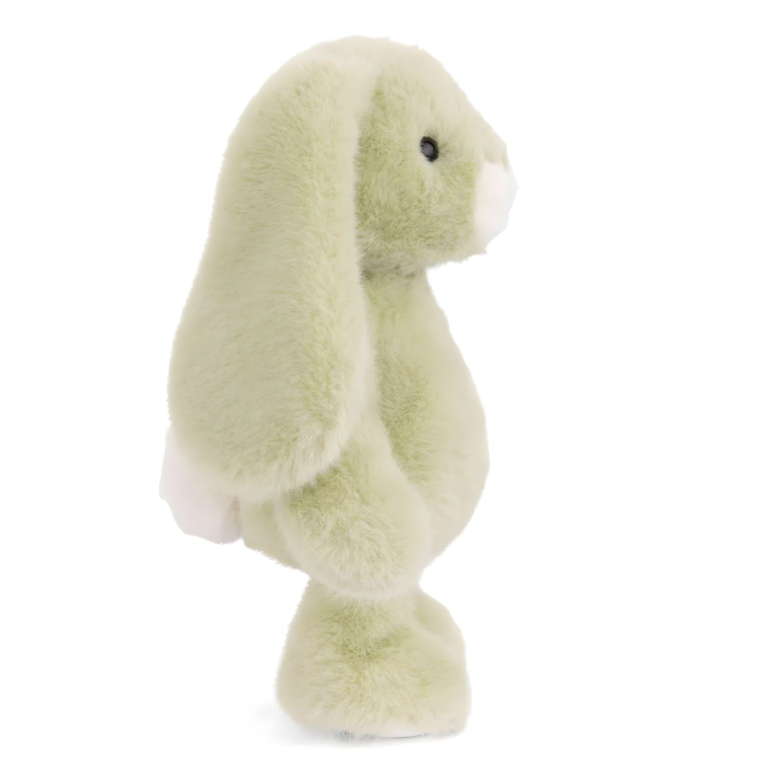 Coelho de peluche verde pálido com orelhas compridas, focinho creme e patas brancas