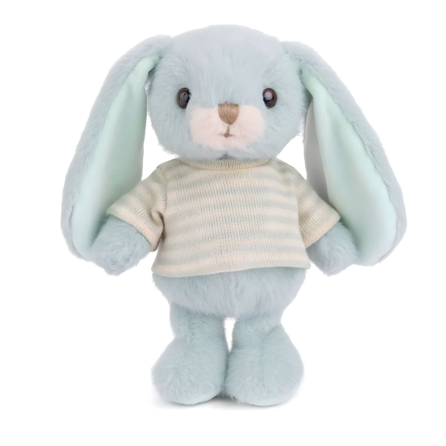 Coelho de peluche azul com t-shirt às riscas brancas e azul