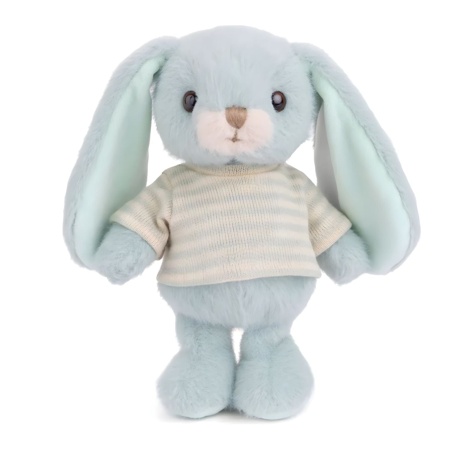 Coelho de peluche azul com t-shirt às riscas brancas e azul