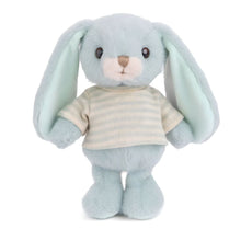 Coelho de peluche azul com t-shirt às riscas brancas e azul
