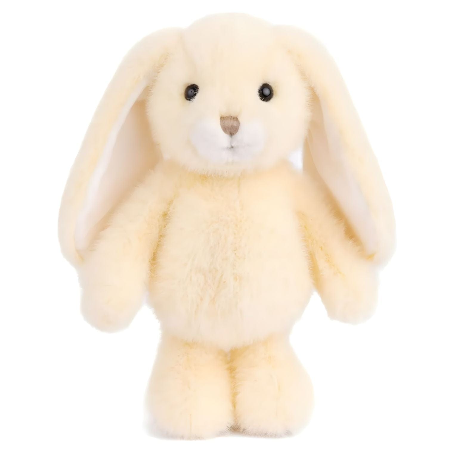 Coelho de peluche cor de baunilha com orelhas compridas, focinho creme e patas brancas