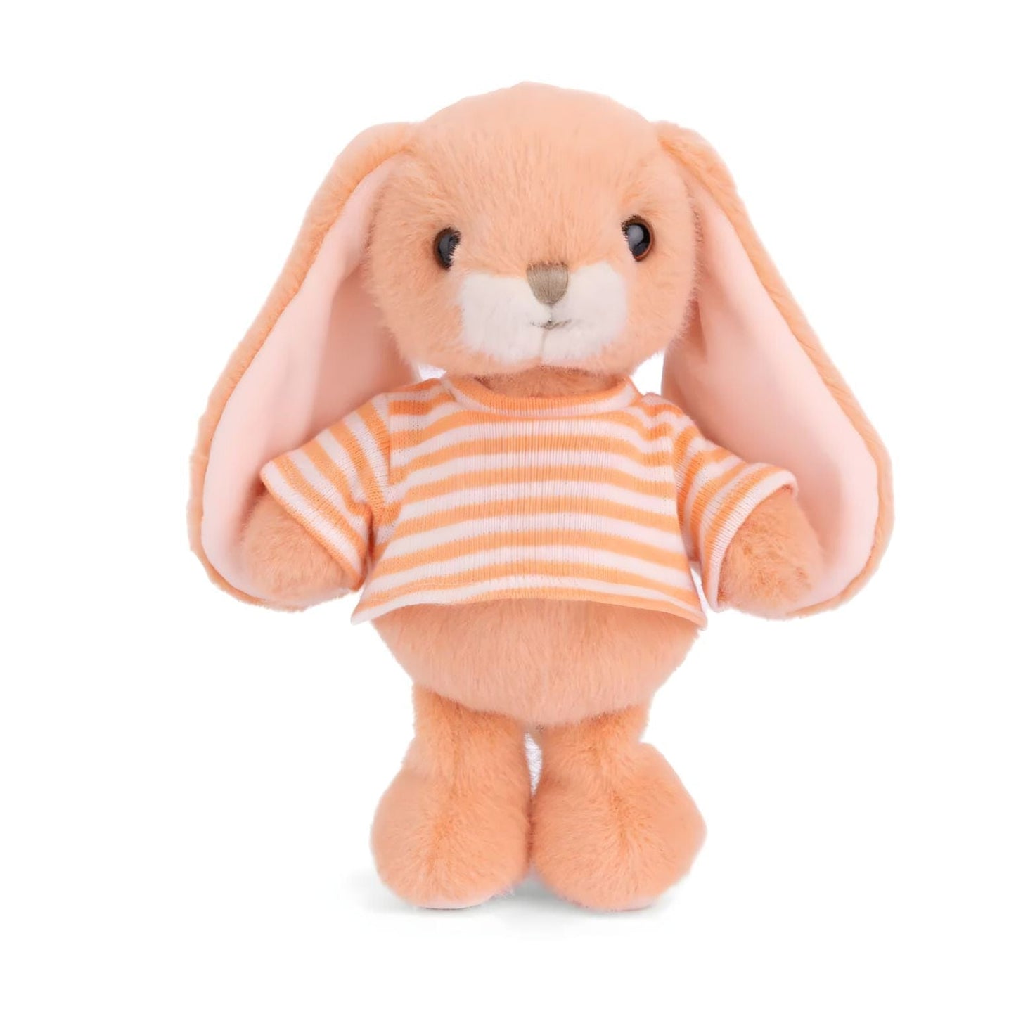 Coelho de peluche cor-de-laranja com t-shirt às riscas brancas e laranja