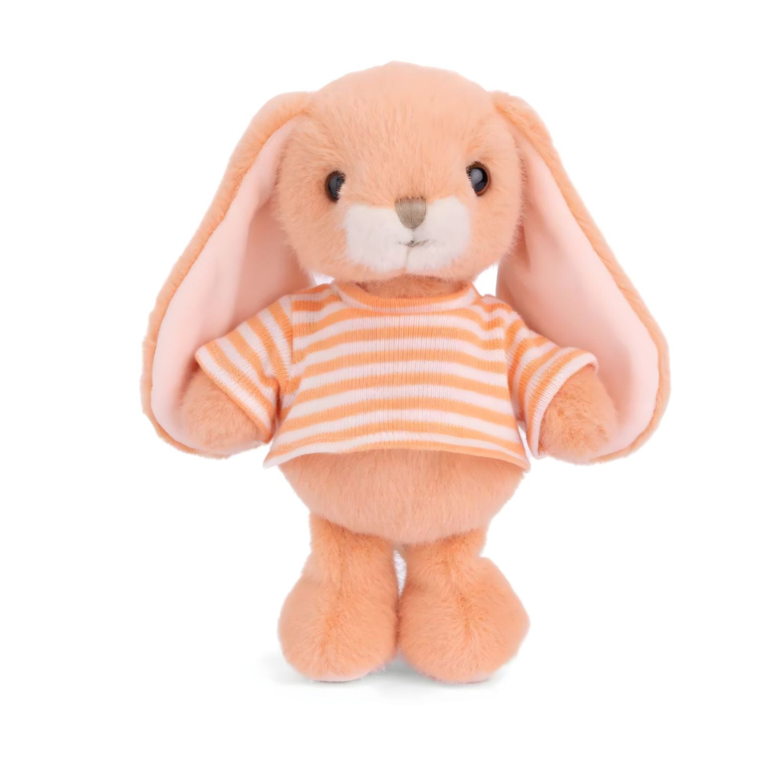 Coelho de peluche cor-de-laranja com t-shirt às riscas brancas e laranja
