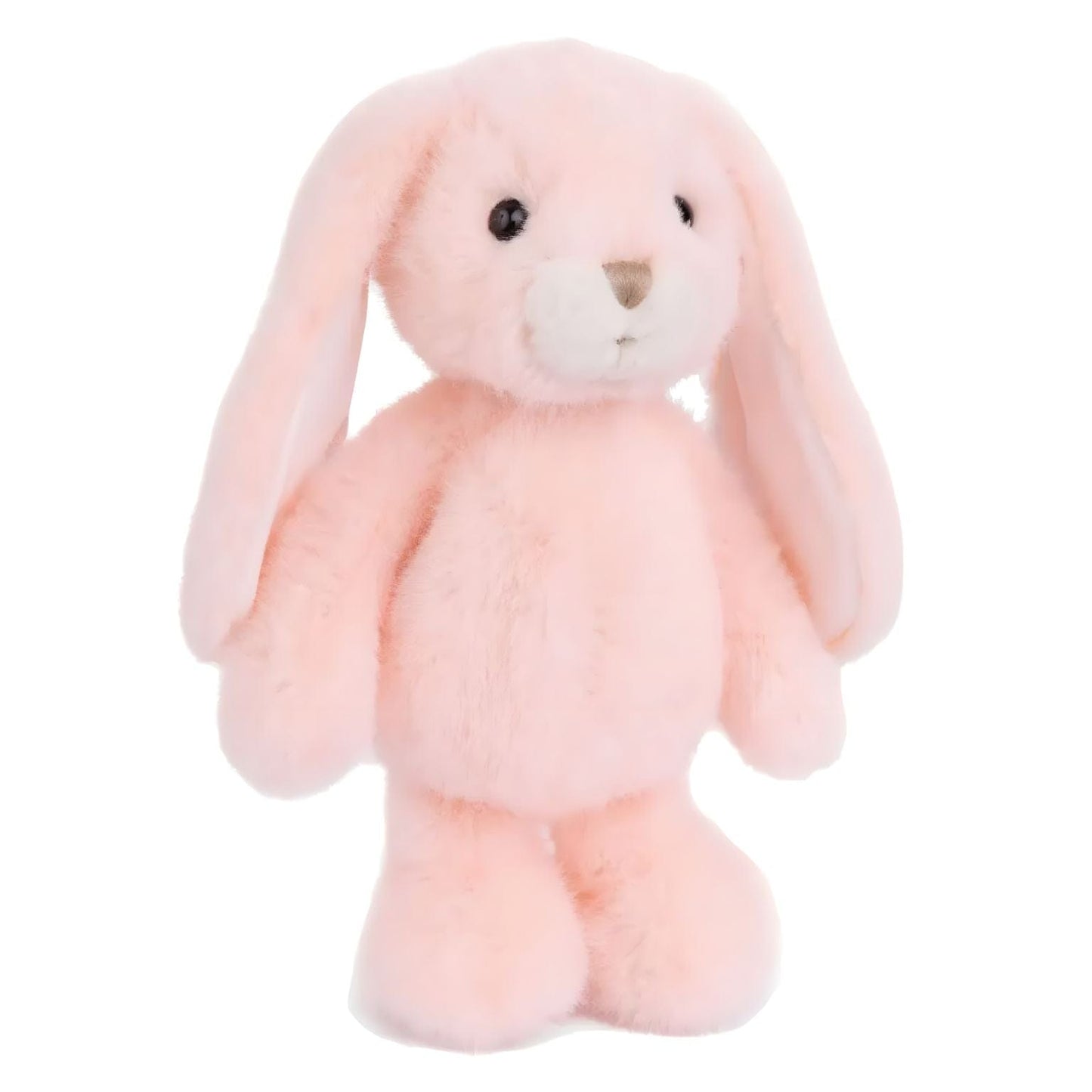 Coelho de peluche cor de pêssego com orelhas compridas, focinho creme e patas brancas