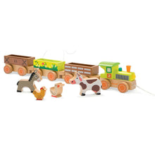 Comboio em madeira Story Farm da Janod com locomotiva verde, carruagens e animais da quinta