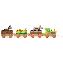 Comboio em madeira Story Farm da Janod com locomotiva verde, carruagens e animais da quinta