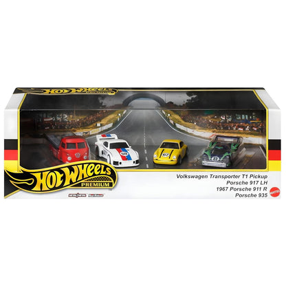 Conjunto Hot Wheels - Porsche Rennsport com carros Porsche e carrinha de assistência em embalagem premium