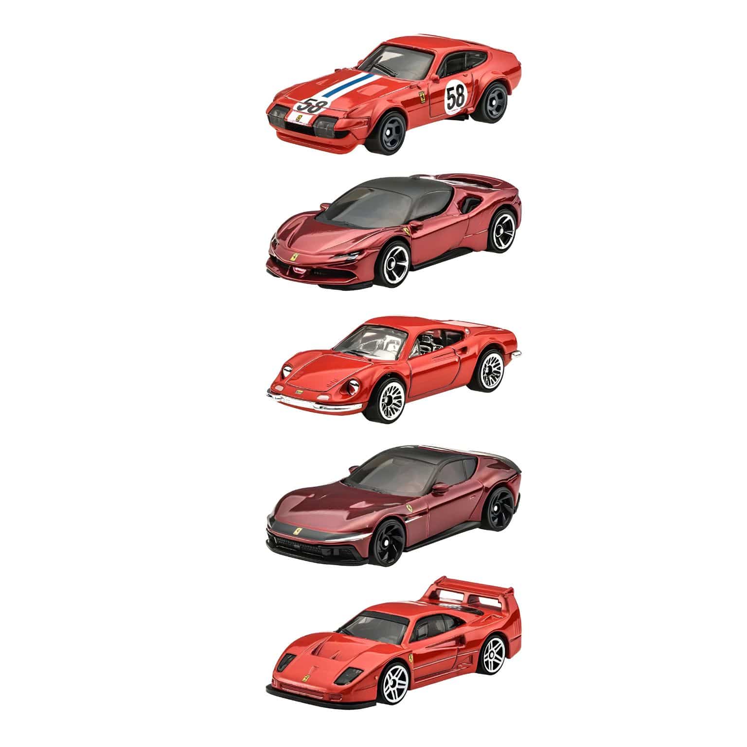Cinco carros Hot Wheels Ferrari em conjunto temático
