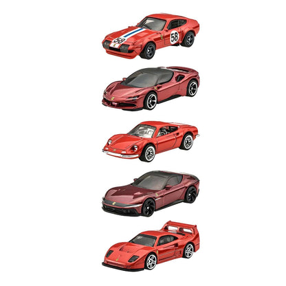 Cinco carros Hot Wheels Ferrari em conjunto temático