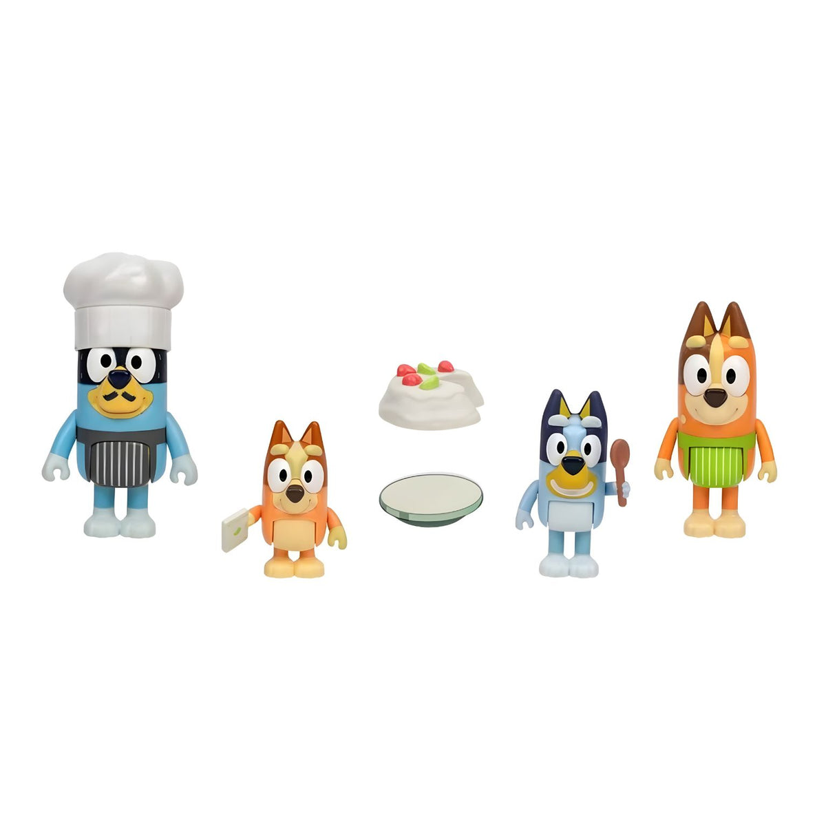 Figuras Bluey, Bingo, Bandit e Chilli do conjunto Família da Bluey Pavlova