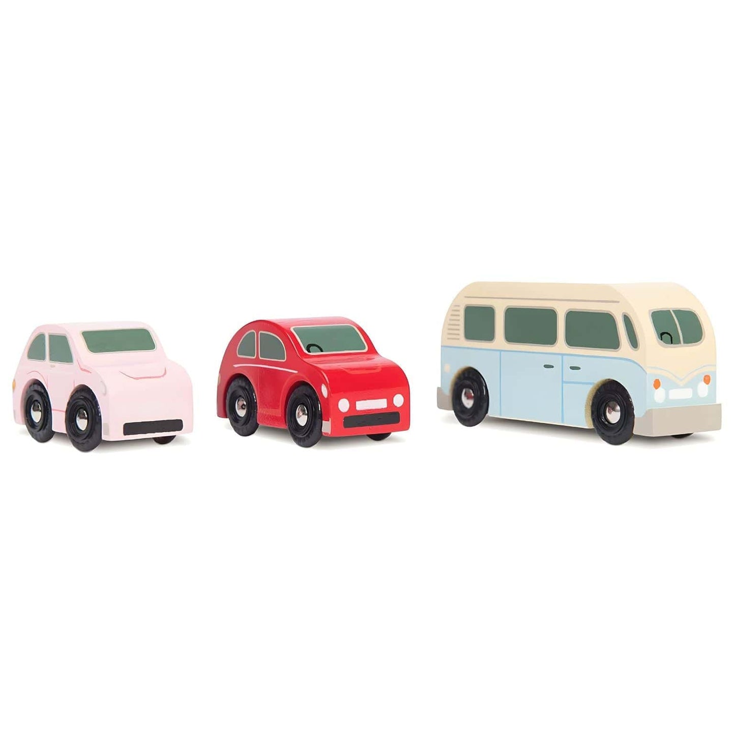 Conjunto de 3 veículos de madeira Retro com carro vermelho, carro rosa e carrinha azul em estilo vintage