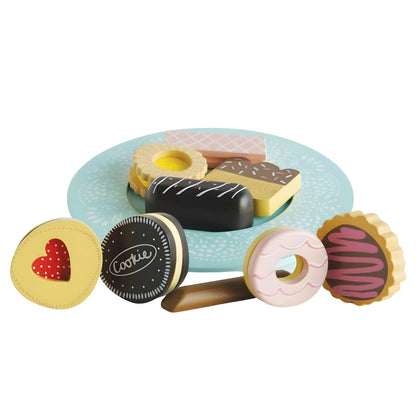 Conjunto de Biscoitos em madeira Le Toy Van com prato azul e doces de brincar em tons pastel