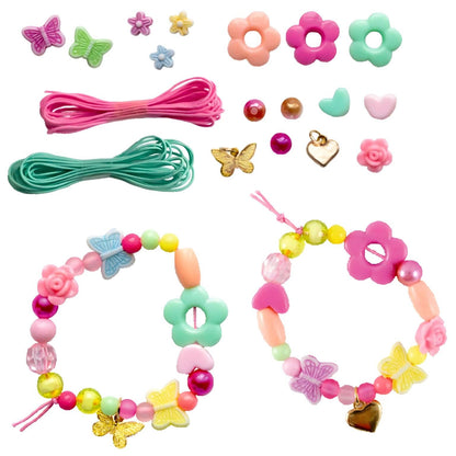 Conjunto de Contas Princesa Lillifee com contas coloridas, flores, borboletas e exemplos de pulseiras infantis
