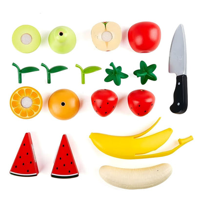 Conjunto de Fruta em madeira Hape com banana, maçã, pera, morangos, melancia e faca de brincar