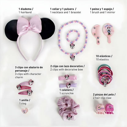 Conjunto de beleza da Minnie Mouse Cerdá com tiara rosa, colar, pulseira, pente, espelho e acessórios de cabelo