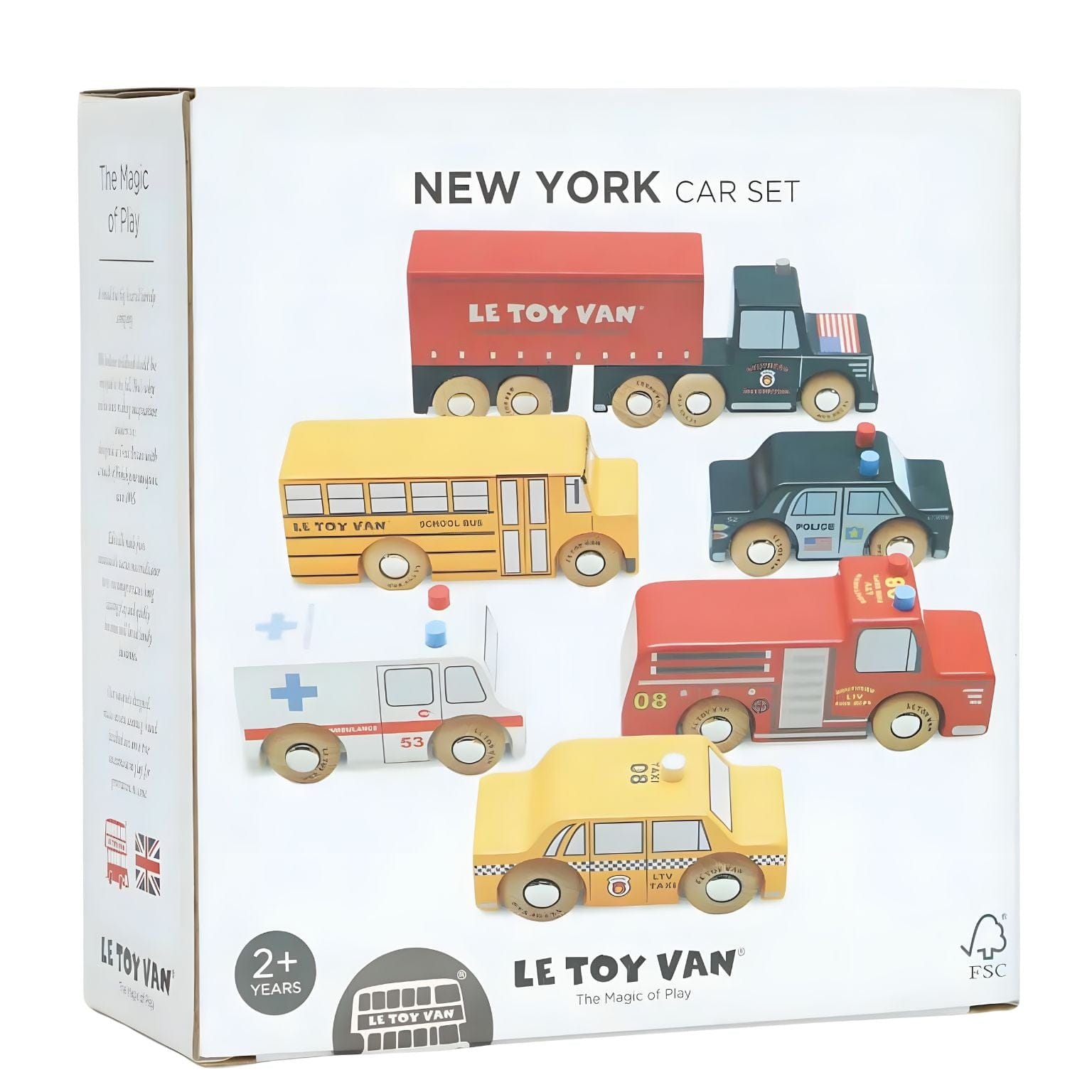 Conjunto de carros de madeira Nova Iorque com táxi, autocarro escolar, polícia, ambulância, bombeiros e camião