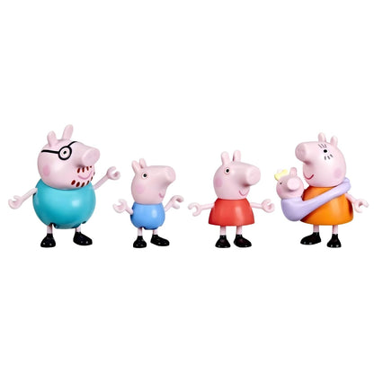 Figuras da família Peppa Pig: Papá Pig, George, Peppa, Mamã Pig e bebé Evie no porta-bebés
