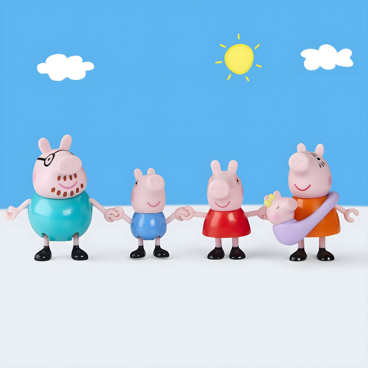 Apresentação do conjunto Família da Peppa Pig com Bebé Evie sobre fundo azul