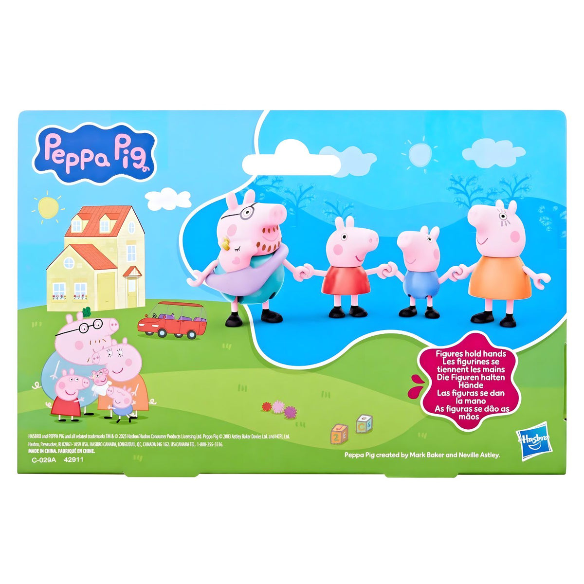 Conjunto Família da Peppa Pig com Bebé Evie em cenário colorido azul e verde