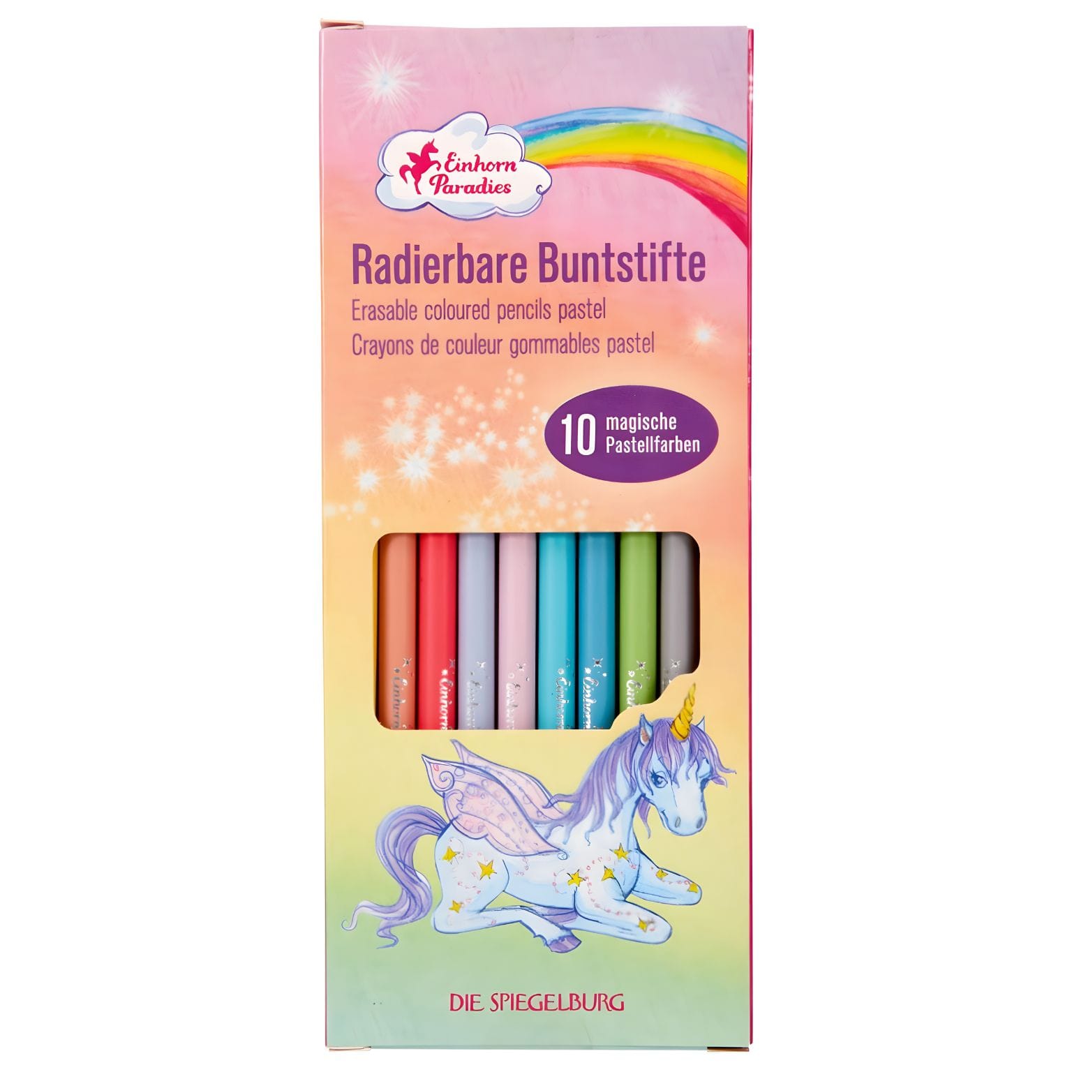 Conjunto lápis de cor Unicórnio da Spiegelburg em tons pastel com tema de unicórnio e arco-íris
