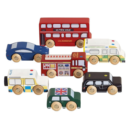 Conjunto de Carros de madeira Londres com autocarro, táxi e ambulância