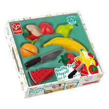 Conjunto de Fruta em madeira Hape com banana, maçã, pera, morangos, melancia e faca de brincar