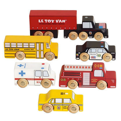 Conjunto de carros de madeira Nova Iorque com táxi, autocarro escolar e camiões