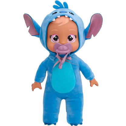 Boneca Cry Babies Recém-Nascido Stitch com pijama azul de capuz e orelhas do Stitch