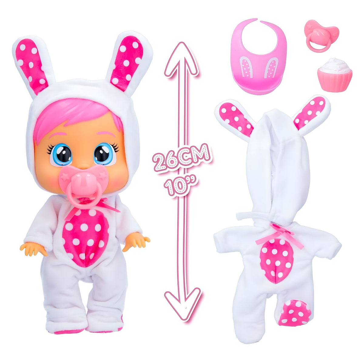 Boneca Coney Cry Babies Loving Care com cabelo rosa e pijama de coelhinha