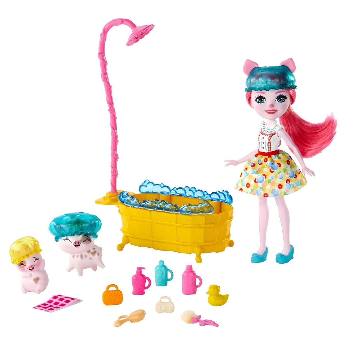 Petya Sow, Streusel e Nisha Enchantimals com acessórios de banho