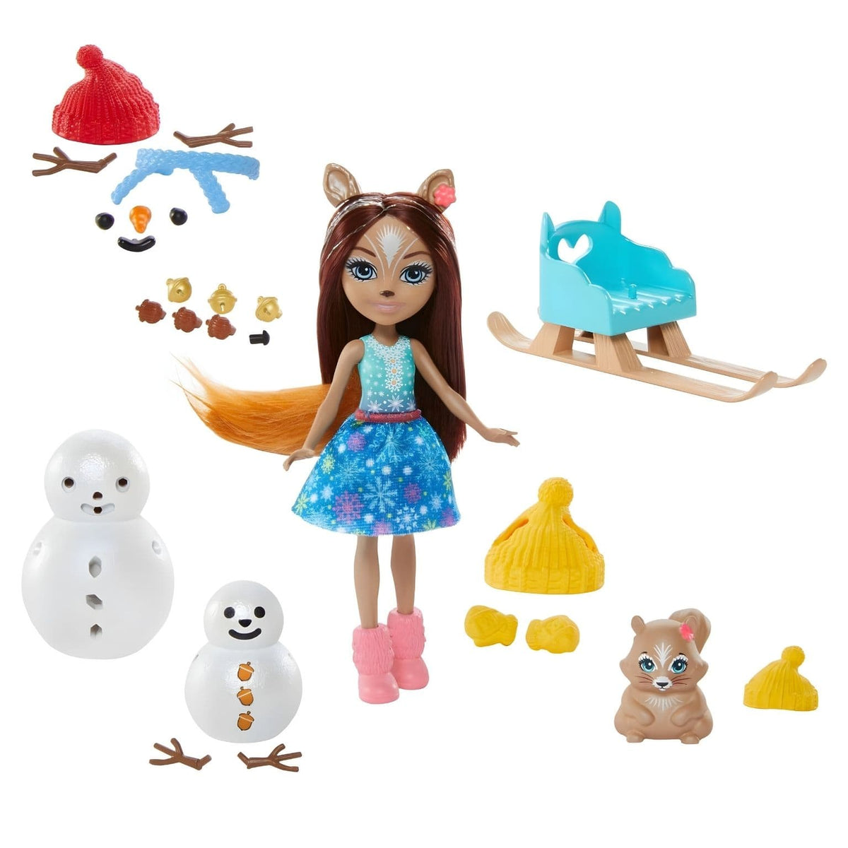Sharlotte Squirrel e Walnut Enchantimals com trenó
