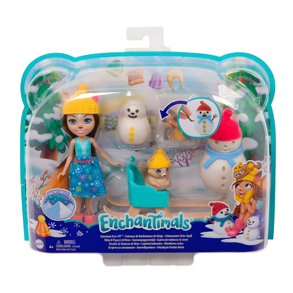 Enchantimals Sharlotte Squirrel e Walnut com cenário de neve