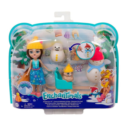 Enchantimals Sharlotte Squirrel e Walnut na embalagem com bonecos de neve
