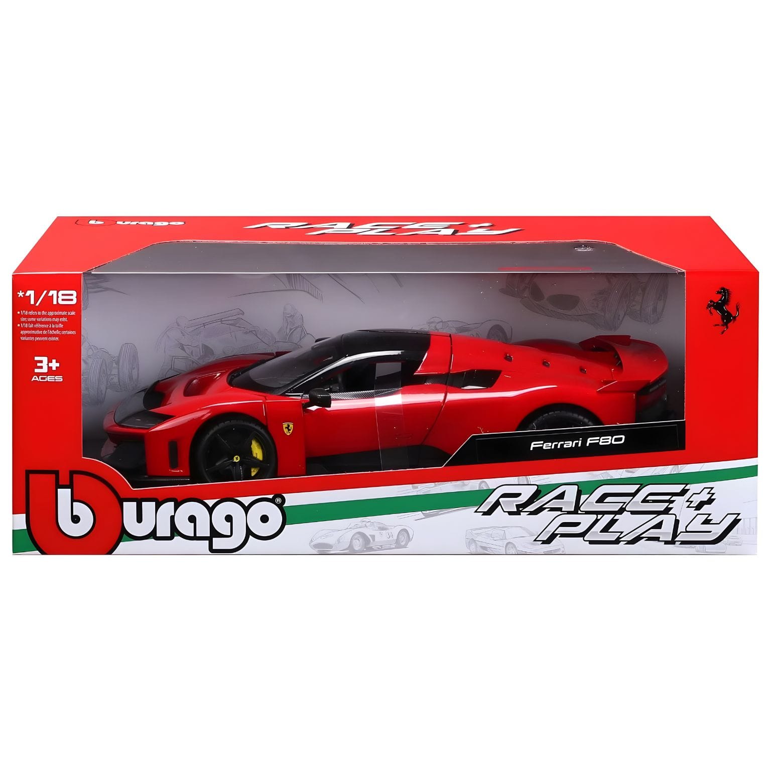 Ferrari F80 vermelho 1/18 Bburago com visual desportivo e portas abertas