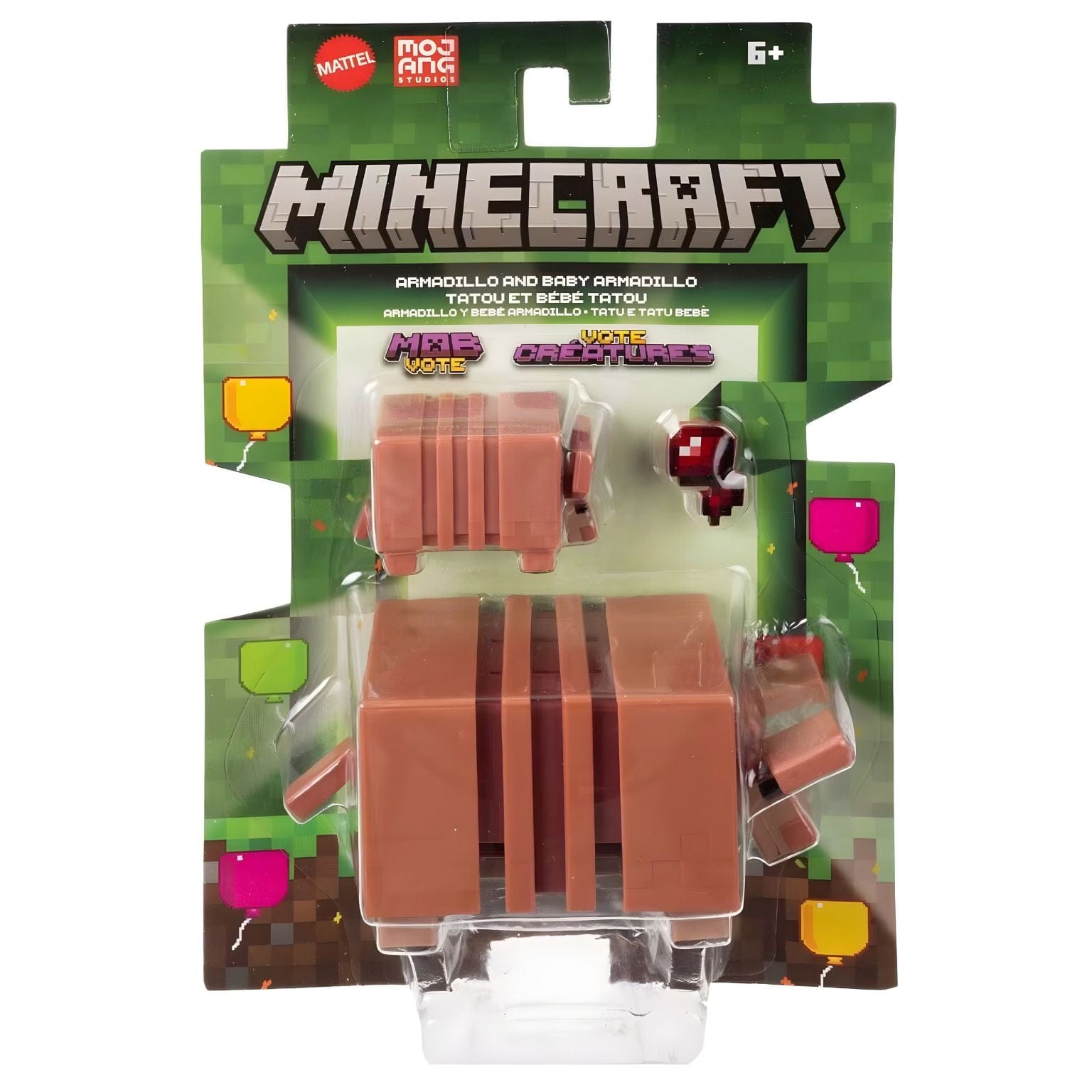 Figura Minecraft armadillo e bebé armadillo em estilo cúbico, duas figuras castanhas com detalhe de escamas, em embalagem Mattel Minecraft