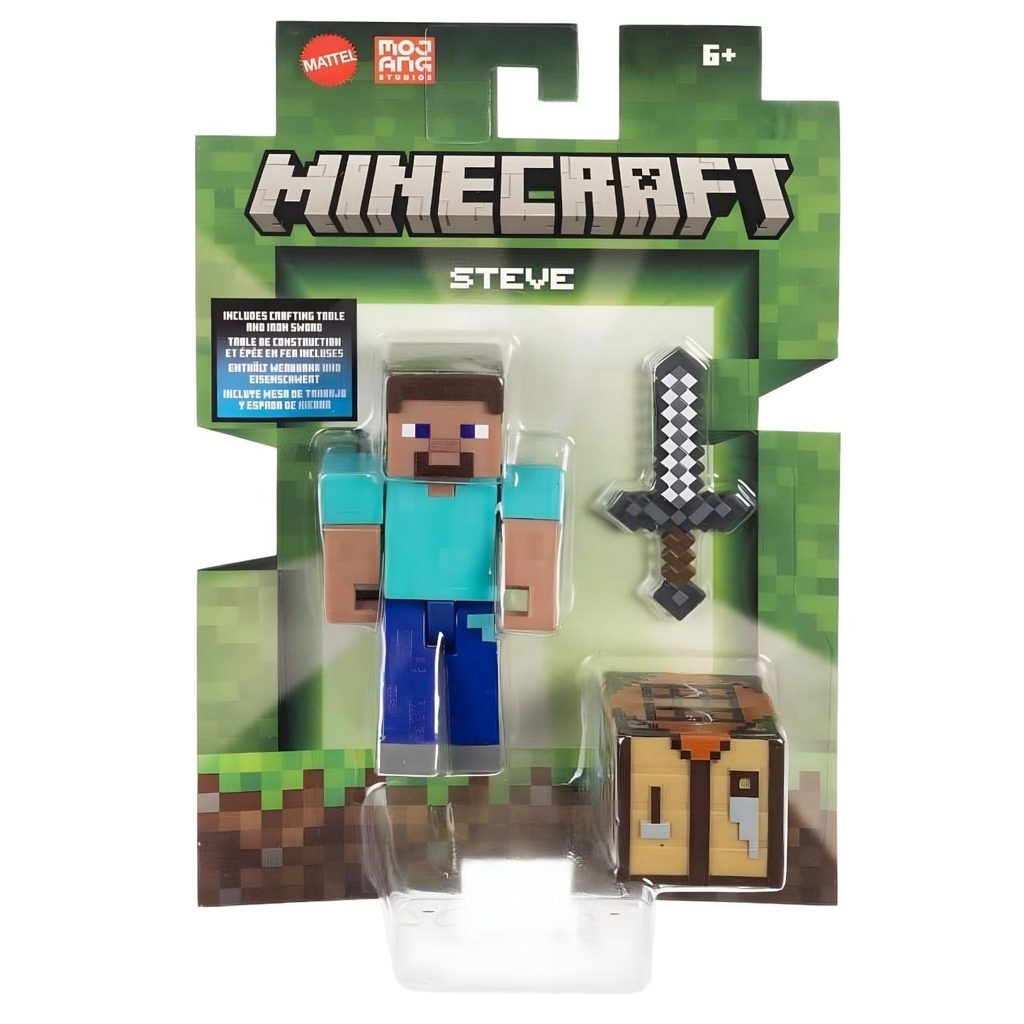 Figura Minecraft Steve com espada pixelizada e mesa de criação Minecraft