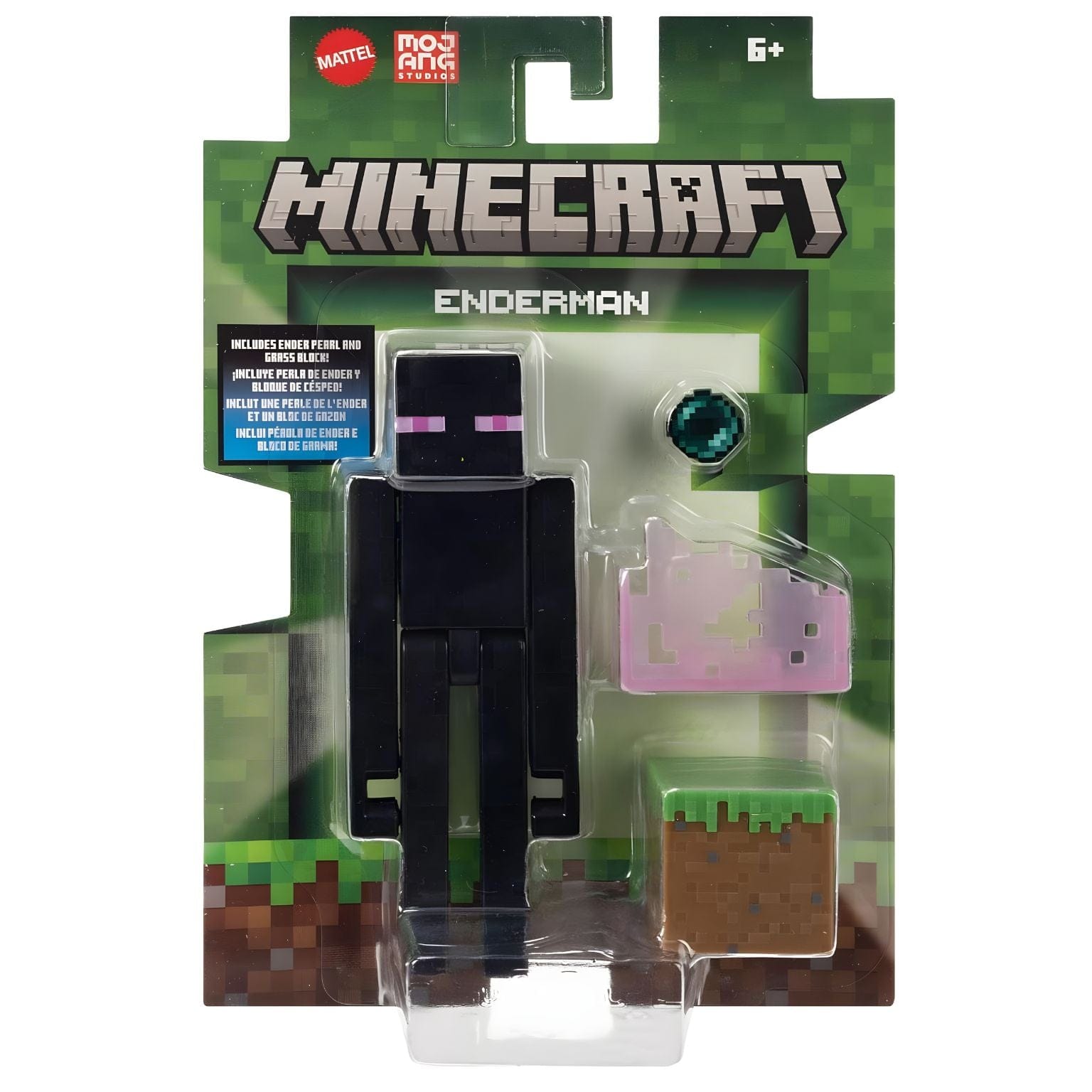 Figura Minecraft Enderman preta com olhos roxos, acessórios pérola do Ender, bloco de relva e base rosa