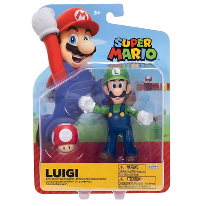 Figura Super Mario Luigi com boné verde fato azul e super cogumelo vermelho