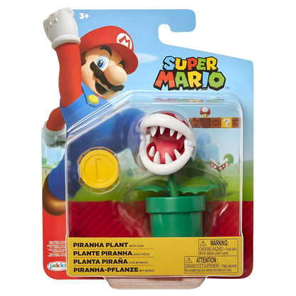 Figura Super Mario Planta Piranha com tubo verde, cabeça vermelha de pintas brancas e moeda amarela