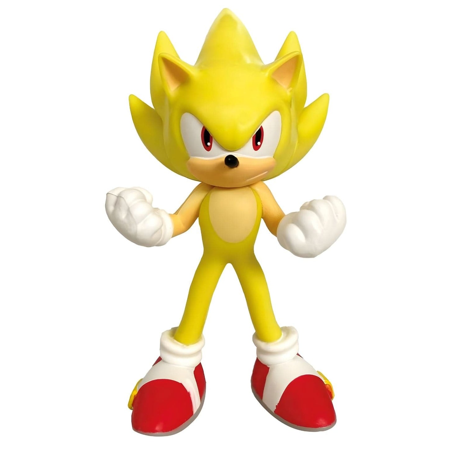 Figura Super Sonic Amarelo da Comansi com luvas brancas e sapatos vermelhos, personagem Sonic dourado em pose de ação
