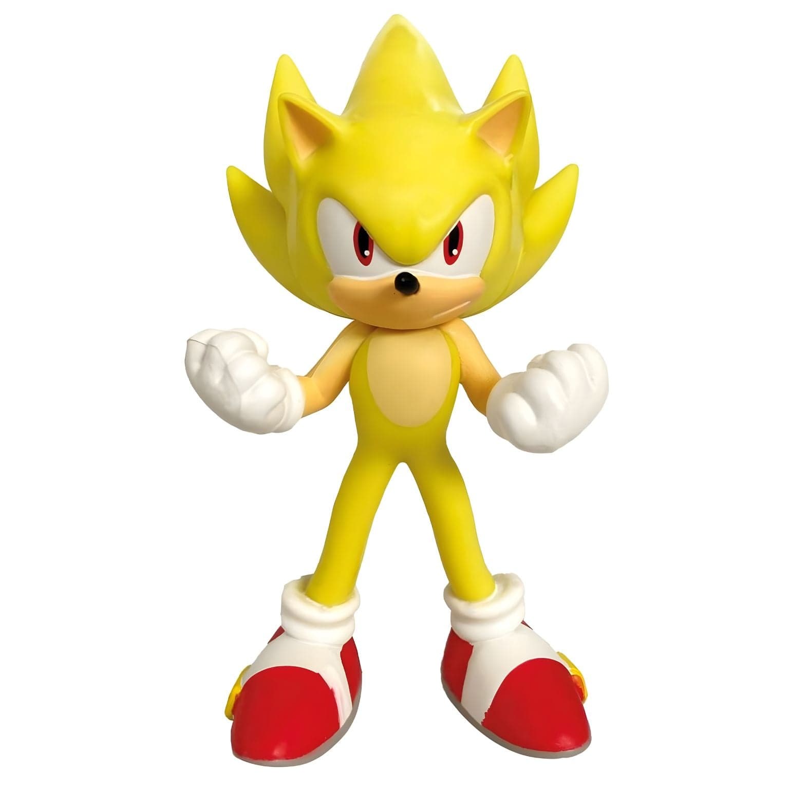 Figura Super Sonic Amarelo da Comansi com luvas brancas e sapatos vermelhos, personagem Sonic dourado em pose de ação