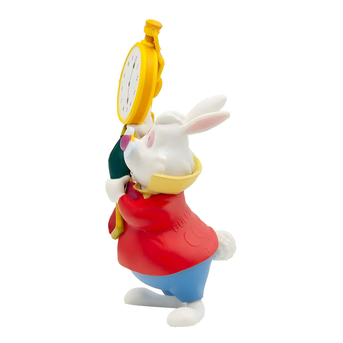 Miniatura do Coelho Branco da Disney, com colete amarelo, óculos e relógio dourado preso por corrente.